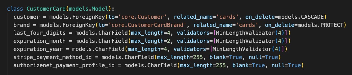 code snippet of the customer card model