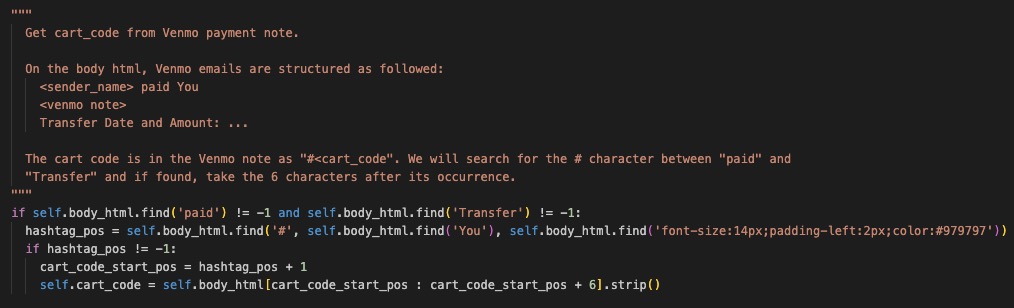 snippet of venmo parsing code